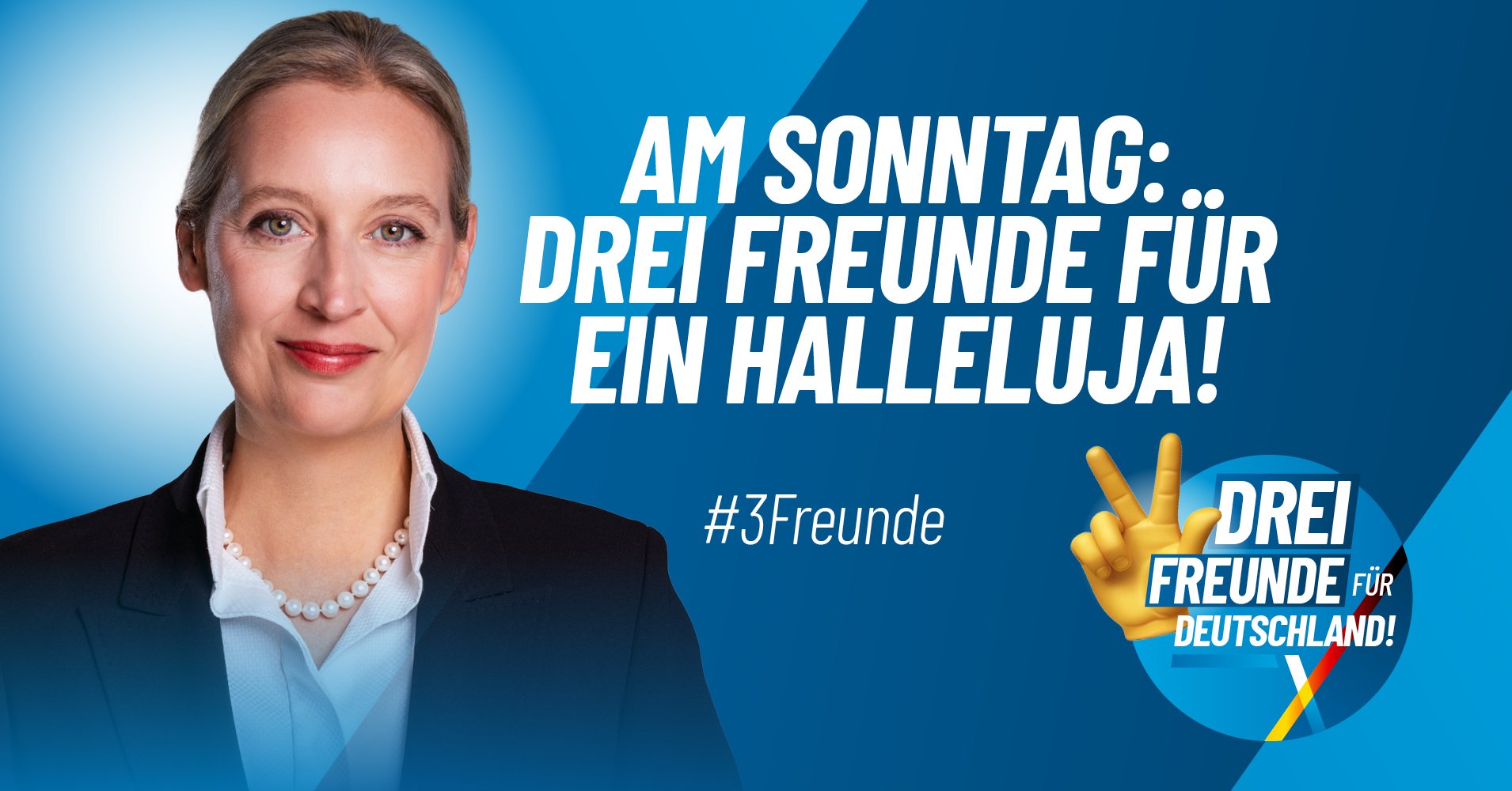 Alice Weidel on X: "Morgen ist es soweit: Mindestens zwei Familienangehörige, Freunde, Bekannte oder auch den Nachbarn von gegenüber mit ins Wahllokal nehmen, mit jeder Stimme AfD wählen, Deutschland verändern! #3Freunde https://t.co/fY7yn170TZ" /