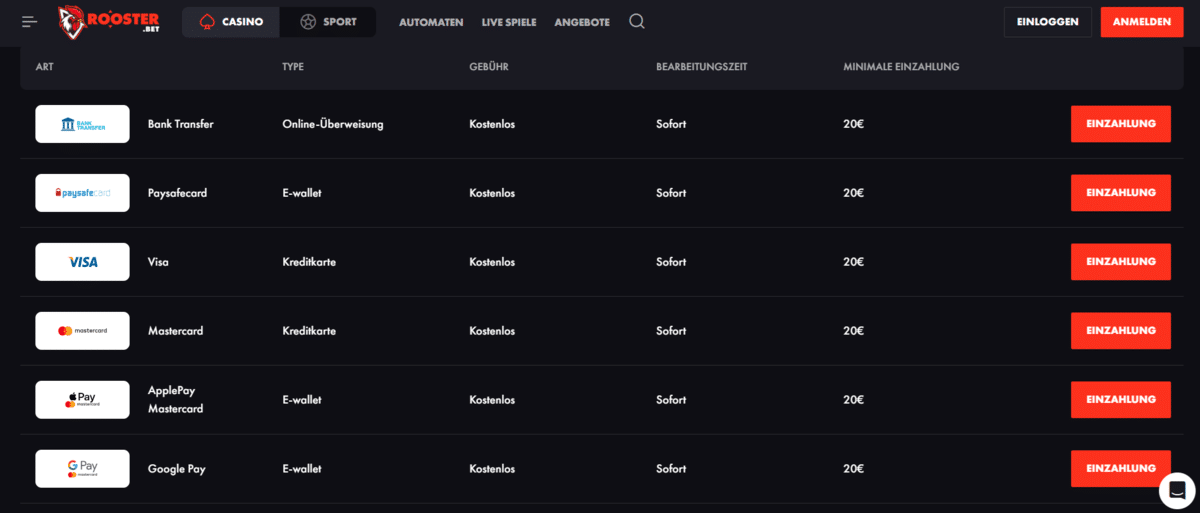 Roosterbet Zahlungen