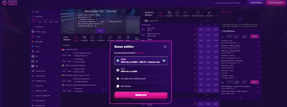 robycasino sports Bonus wählen